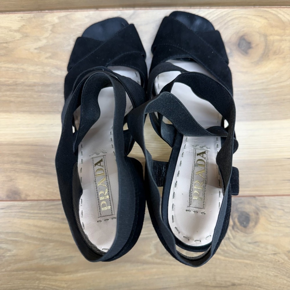 PRADA Strappy Heels Square Toe 7 EU 37 Black Suede Stretch Sandals - Picture 8 of 10